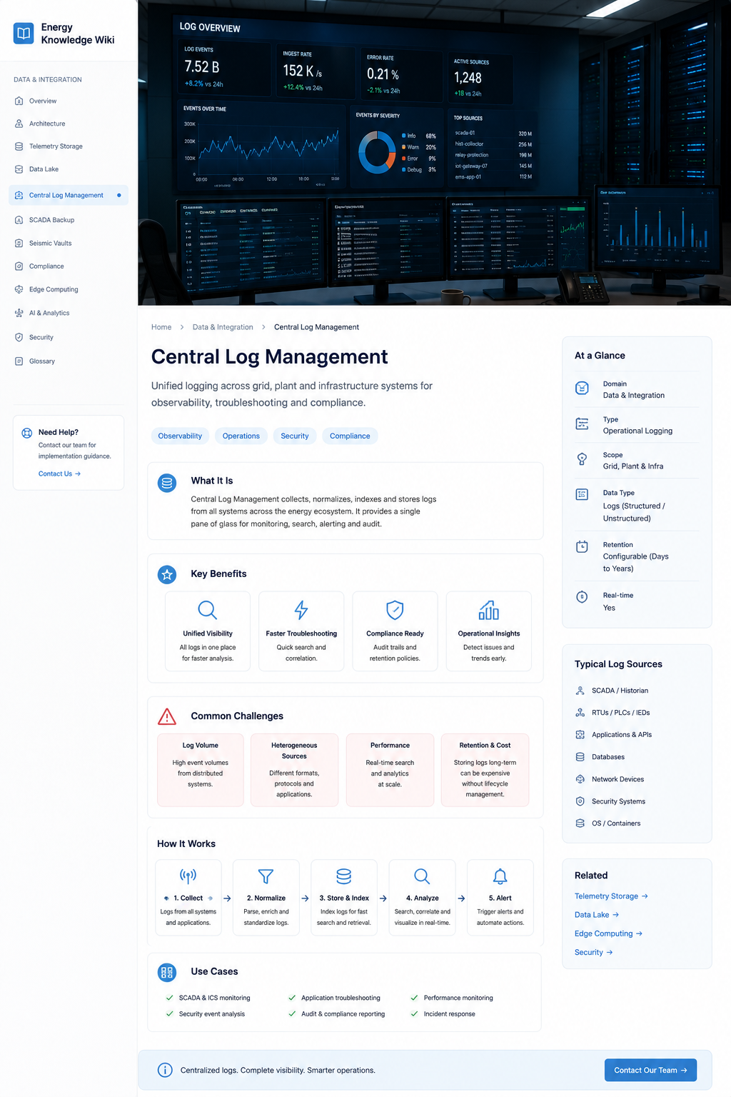 Central log management dashboard for grid, plant and infrastructure observability