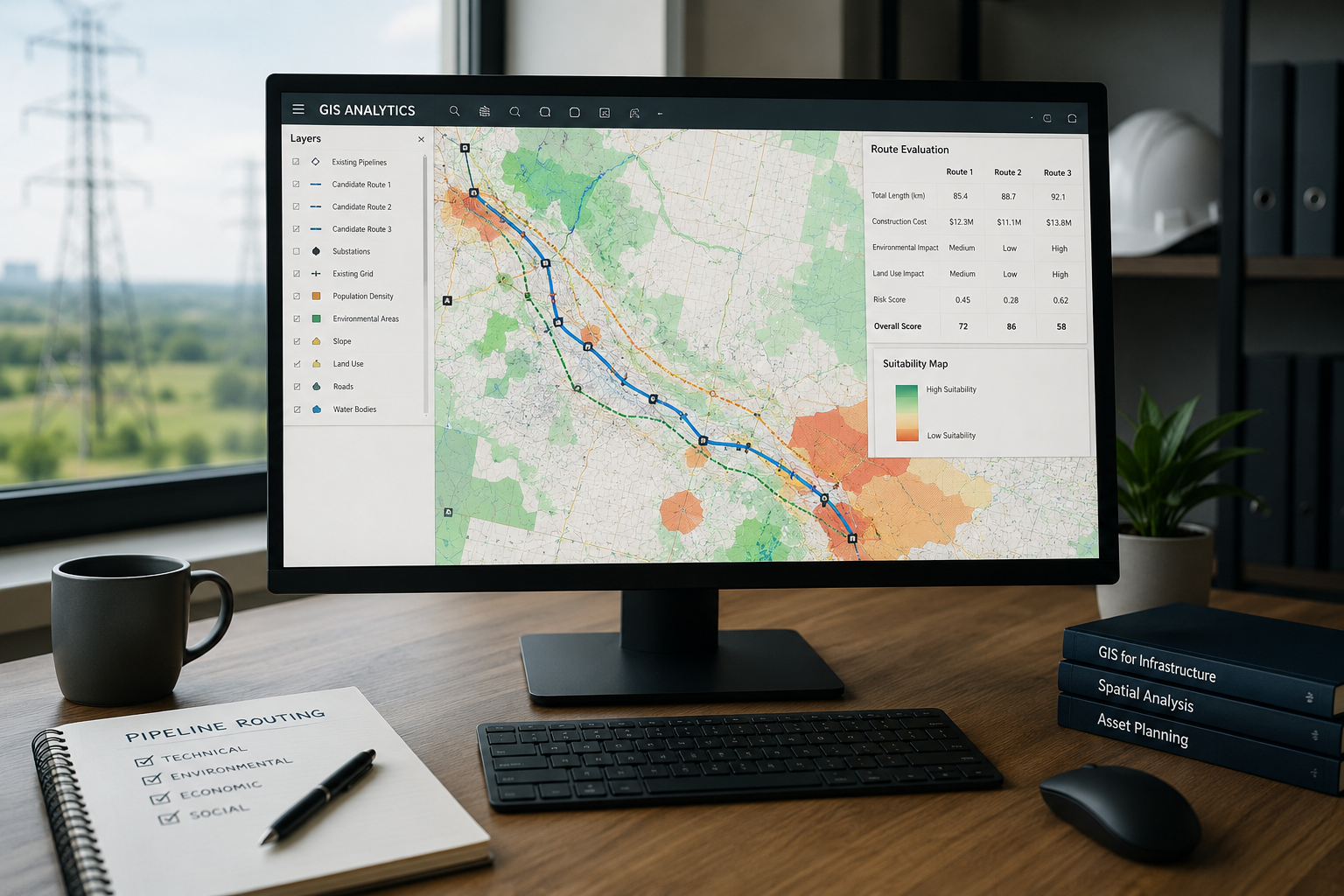 GIS analytics dashboard for pipeline routing grid expansion and energy asset planning