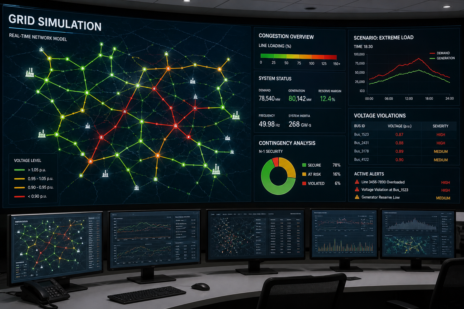 Grid simulation control room showing congestion, voltage and failure scenario analysis