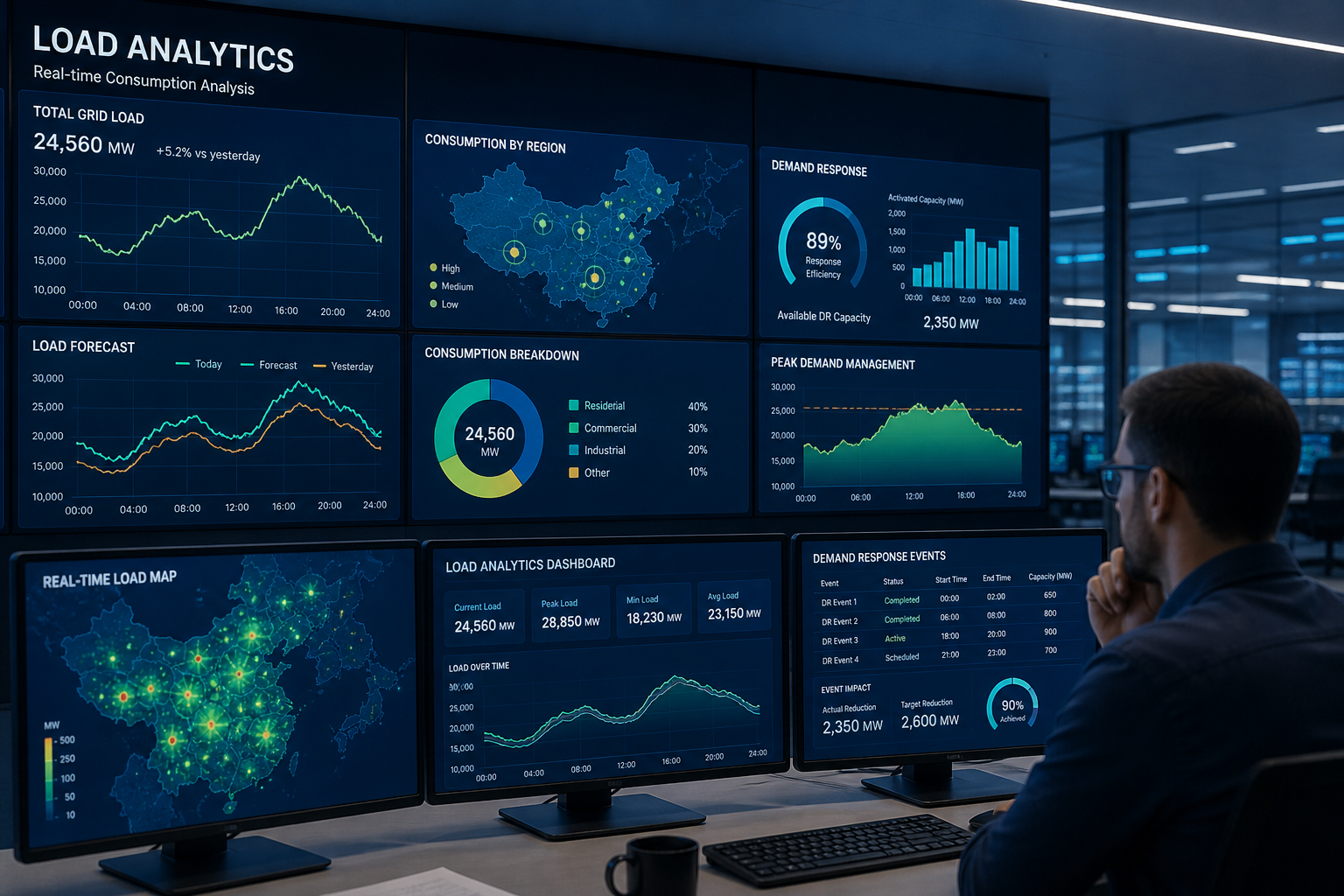 Load analytics dashboard showing consumption patterns, demand response and grid usage