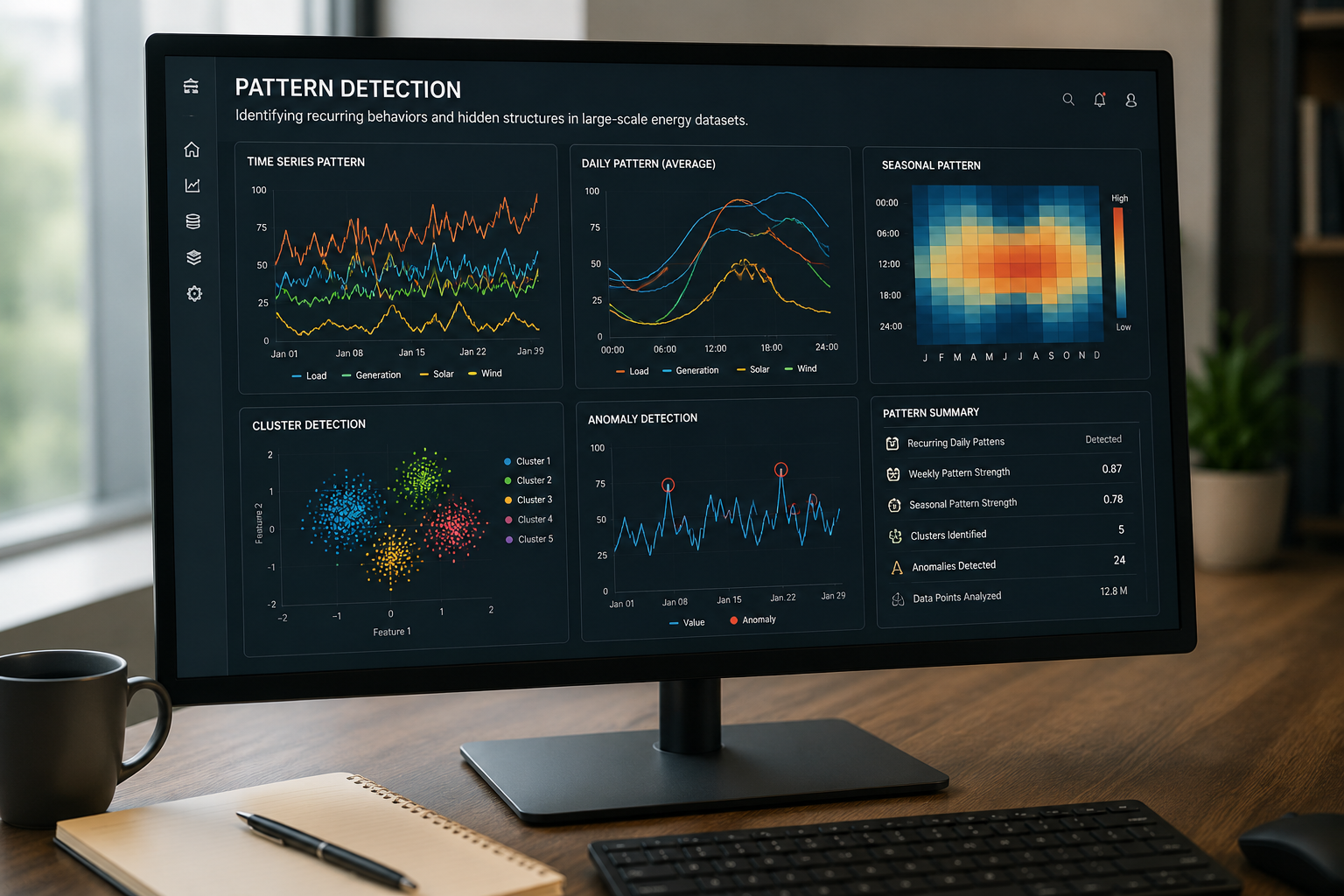 Pattern detection dashboard showing recurring energy behaviors time series clusters and anomalies