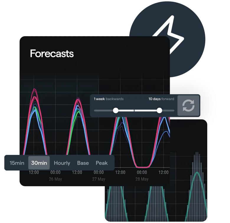 Energy price forecasting dashboard showing market volatility, price curves and AI analytics