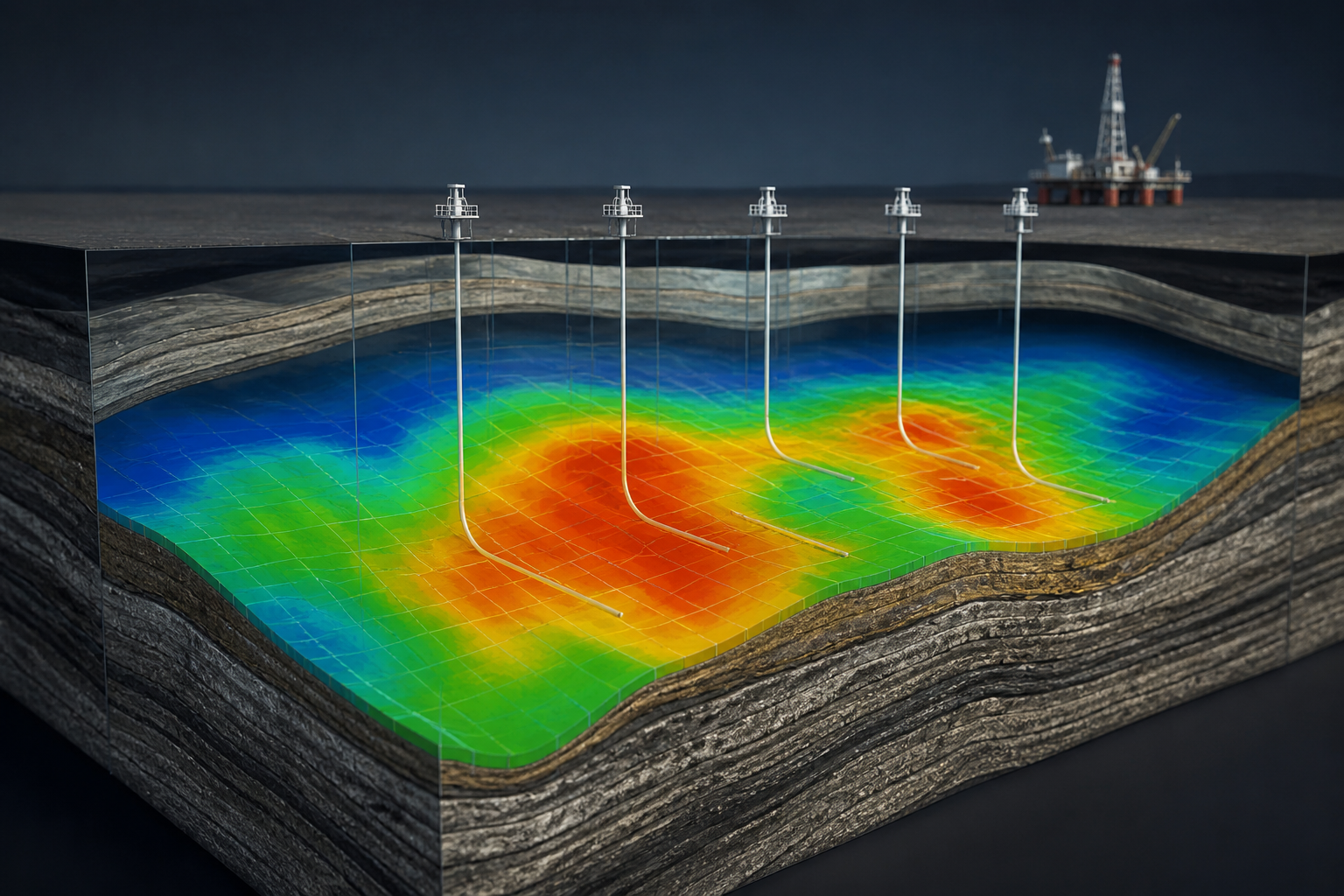 Reservoir modeling visualization with wells, subsurface layers and production heatmap